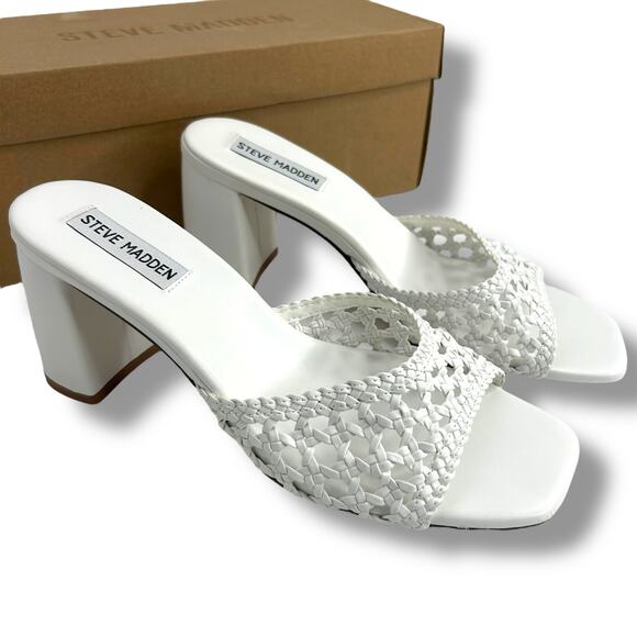 Steve Madden White Woven Heels Size 7 Slip On Mules Rafia Boho Beach Sandals - Picture 3 of 12